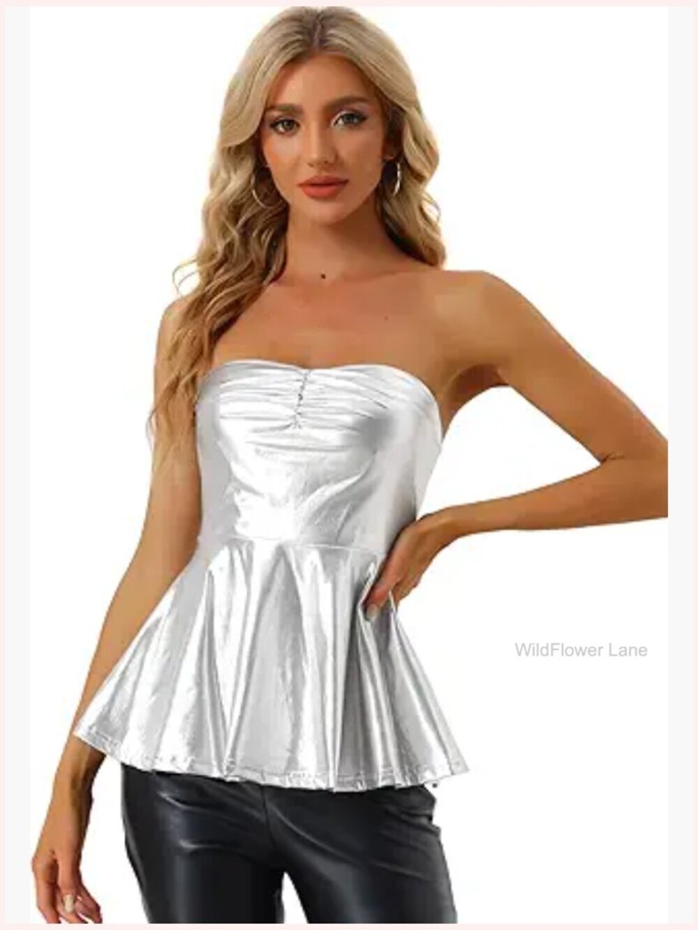 Metallic Peplum Strapless Top Sequin Party Blouse Tube Top